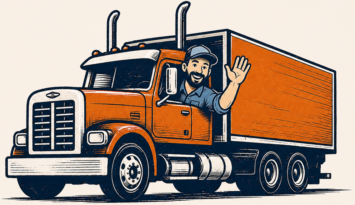 The Big Rig Buddy logo, depicting a man waving out the driver-side window of the semi truck he is driving.