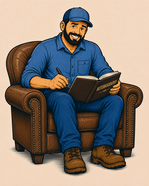 A cartoon graphic depicting the Big Rig Buddy (mascot) writing an autobiography while sitting on a chair.