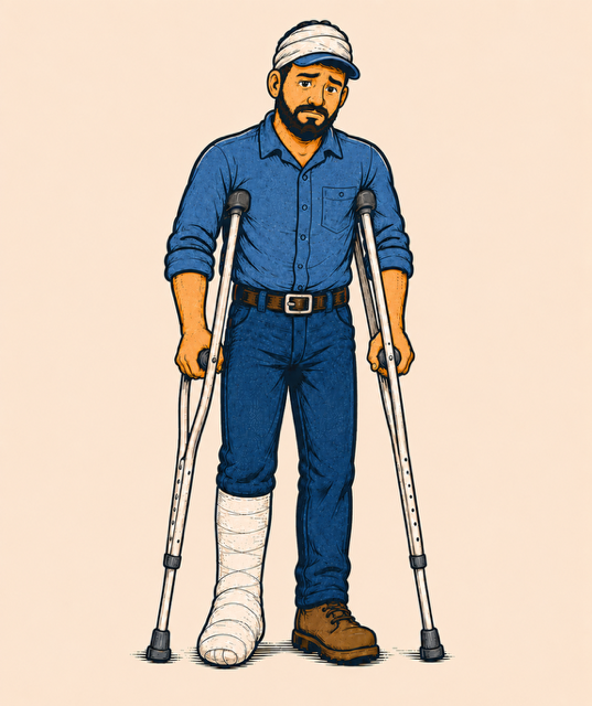 A cartoon graphic of the Big Rig Buddy in crutches, denoting a 'breakdown'.
