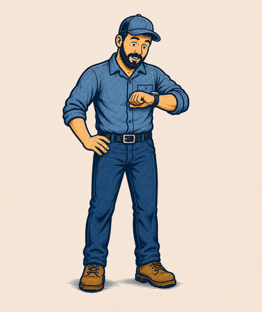 A cartoon graphic of the Big Rig Buddy looking at his watch.