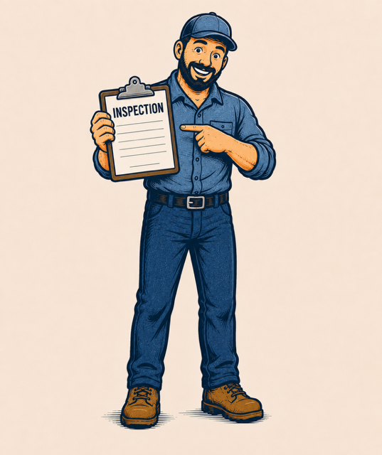 A cartoon graphic of the Big Rig Buddy holding some paperwork reading 'inspection'.