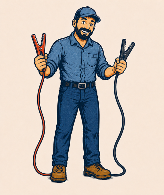 A cartoon graphic of the Big Rig Buddy with some jumper cables.