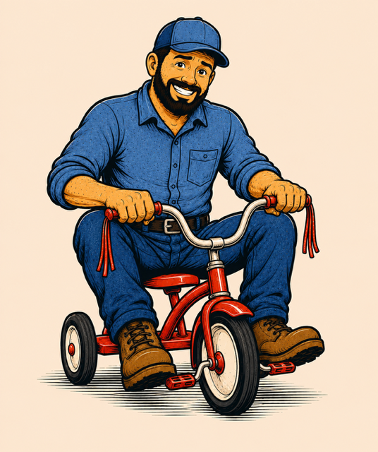 A cartoon graphic of the Big Rig Buddy riding a tricycle, denoting the 'mobile' part of 'mobile service'.