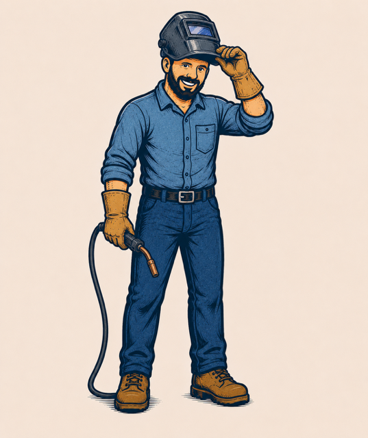 A cartoon graphic of the Big Rig Buddy with a welding helmet on.